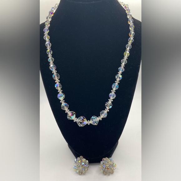 Aurora Borealis AB Single Strand Faceted Crystal Glass Choker Necklace Earrings - Picture 5 of 9